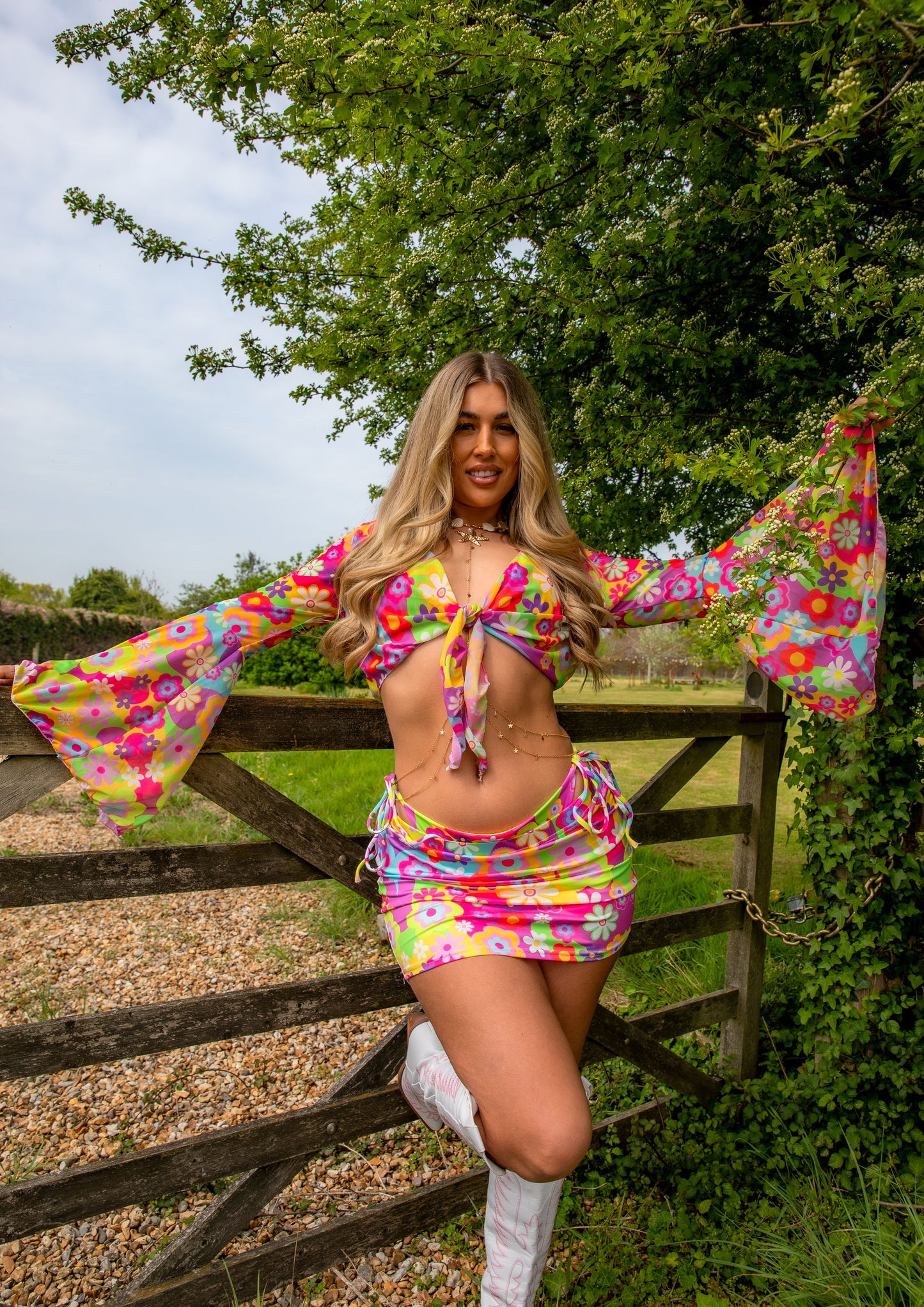 Disco Daisy Mesh Bell Sleeve Cropped Tie Top