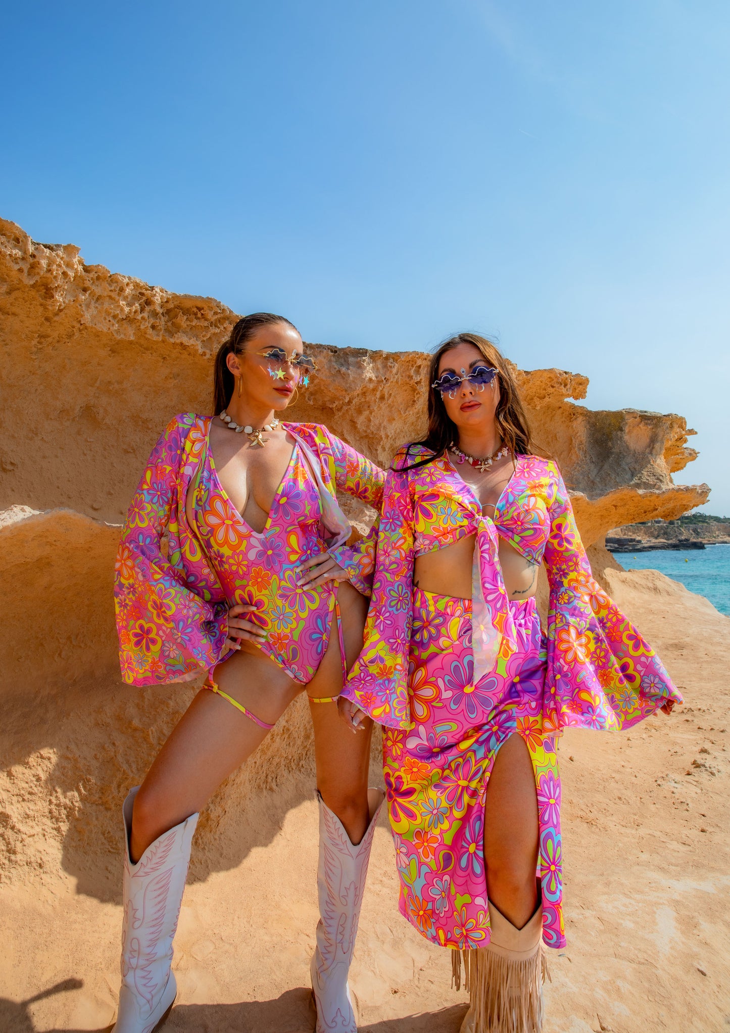 Groovy Bloom Bell Sleeve Cropped Tie Top