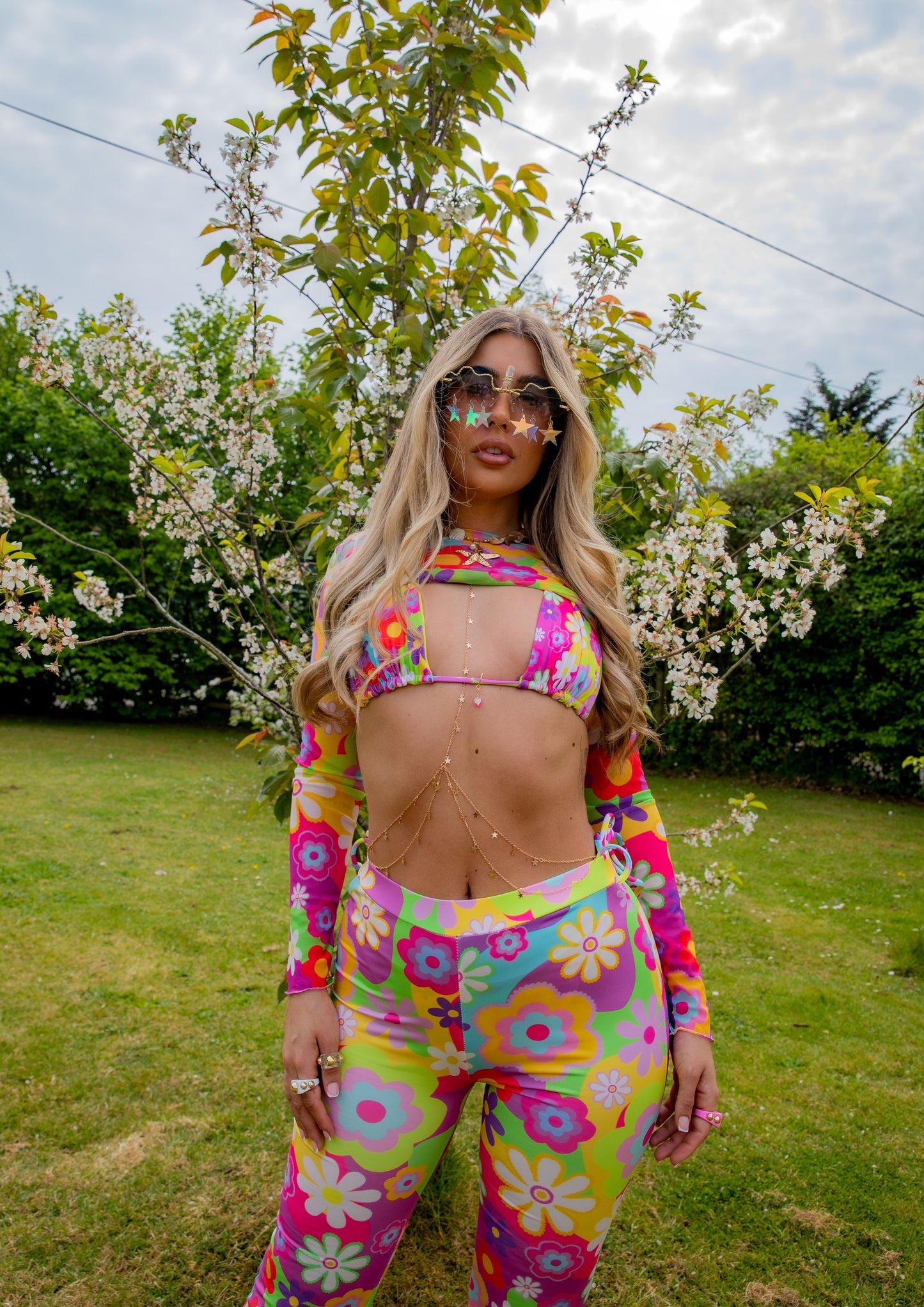 Disco Daisy Mesh Long Sleeve Crop Top