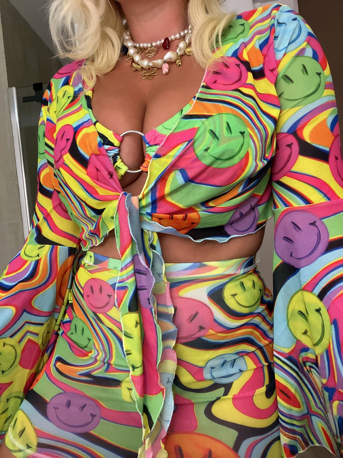 Trippy Drip Mesh Bell Sleeve Cropped Tie Top