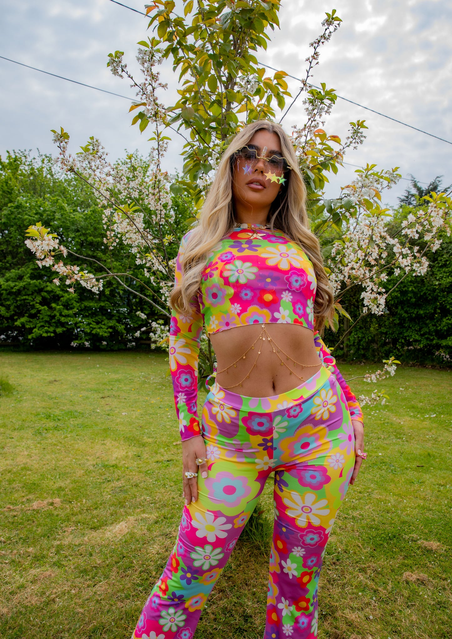 Disco Daisy Mesh Long Sleeve Crop Top