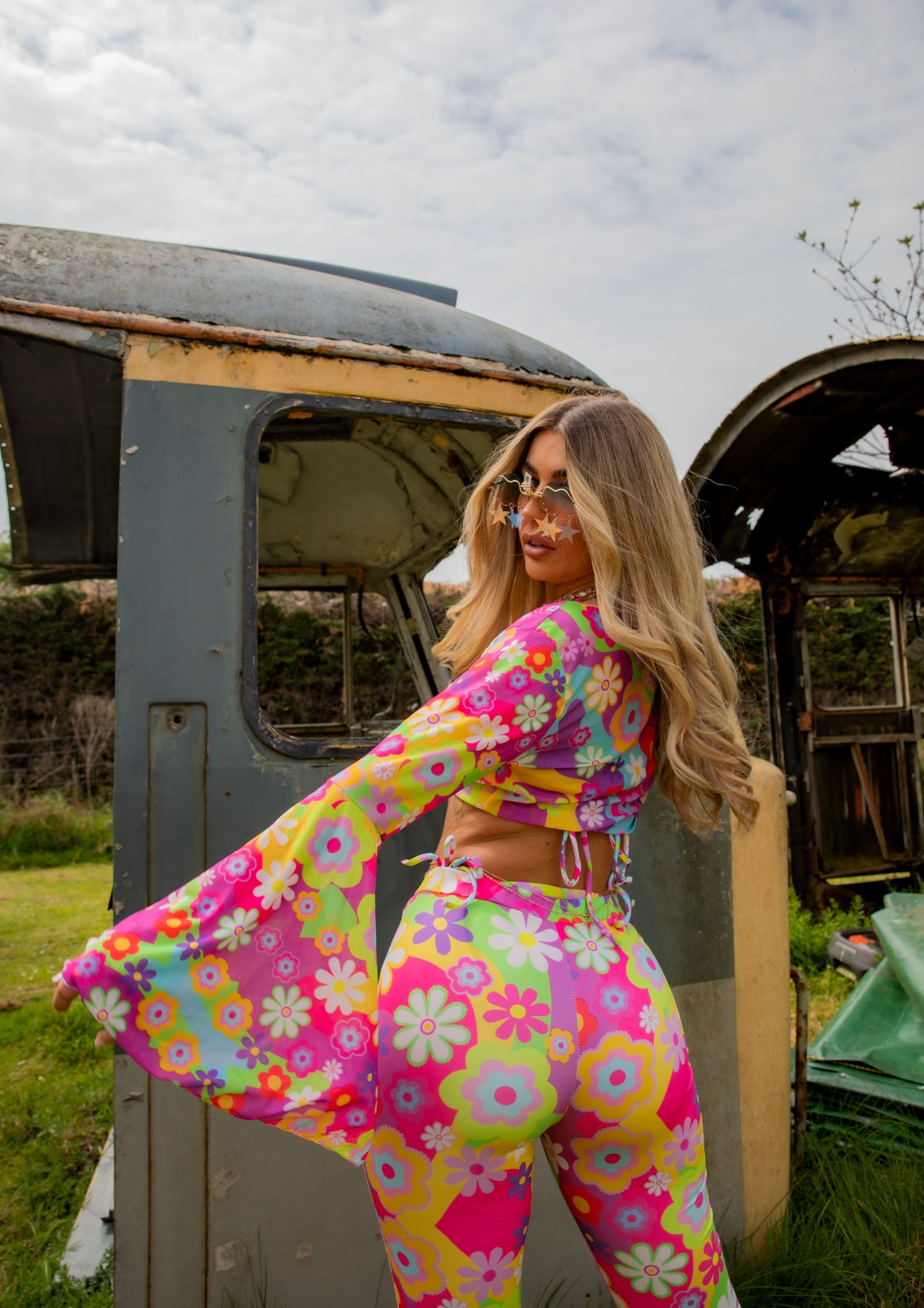 Disco Daisy Mesh Bell Sleeve Cropped Tie Top