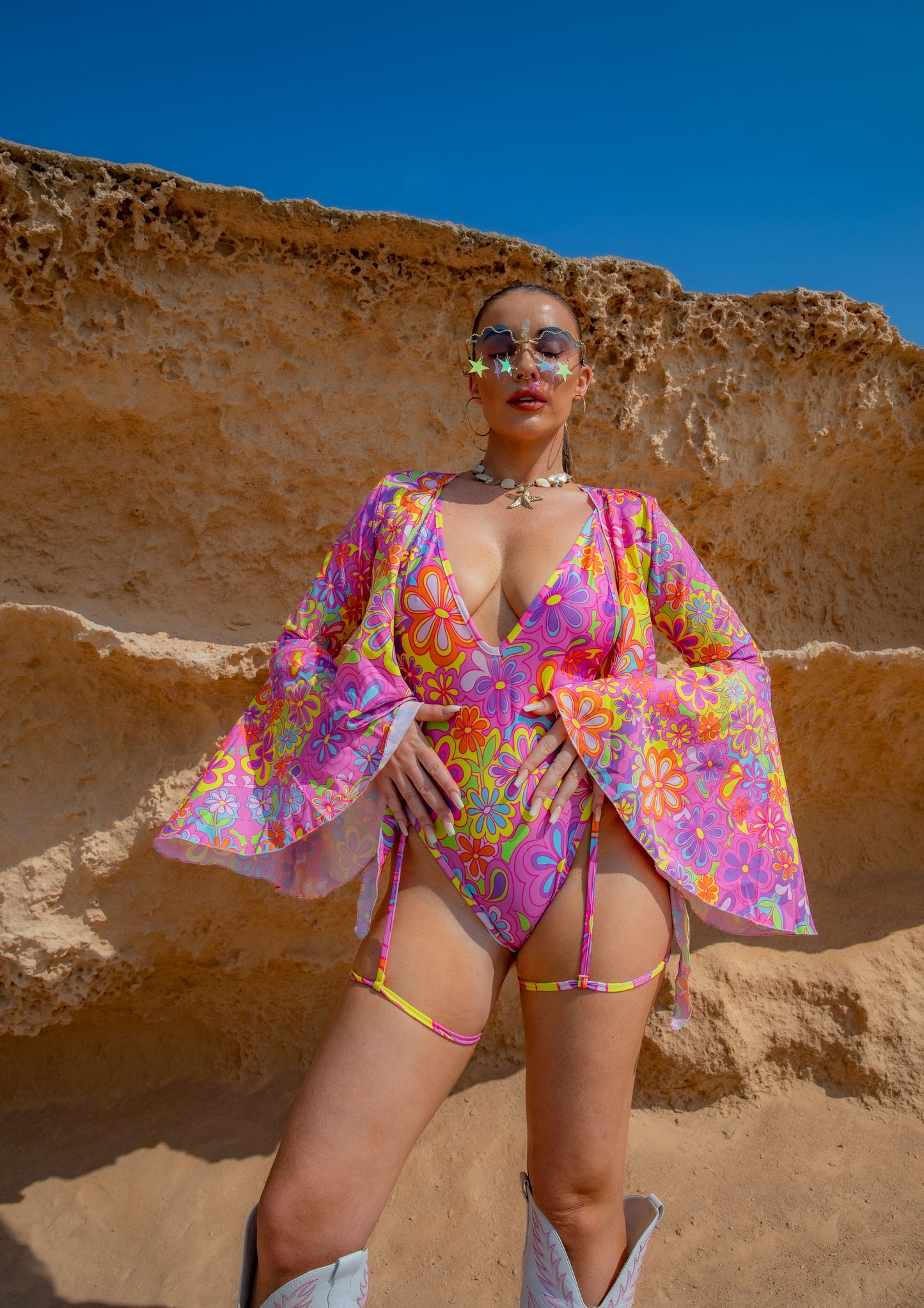 Groovy Bloom Bell Sleeve Cropped Tie Top