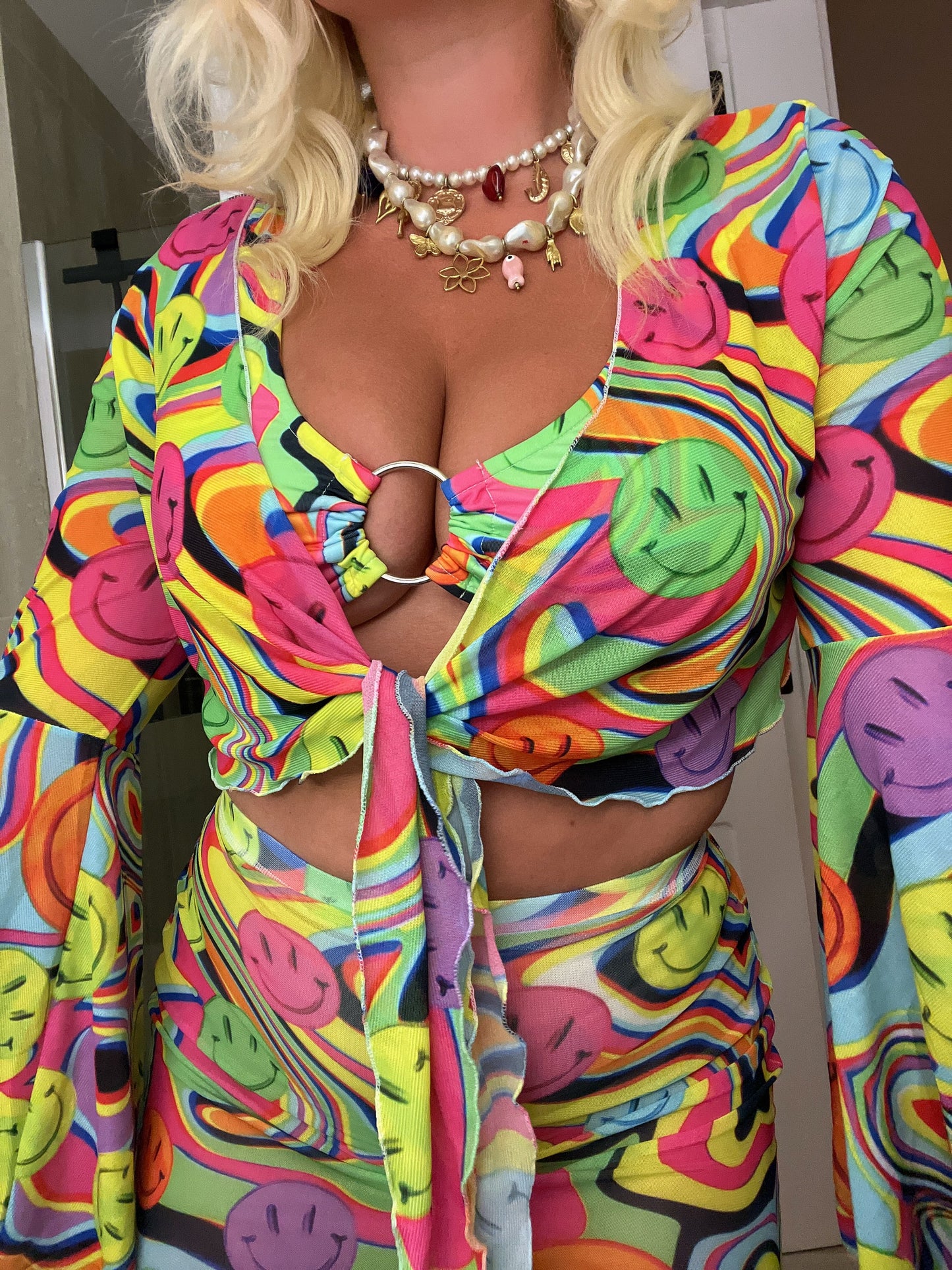 Trippy Drip Mesh Bell Sleeve Cropped Tie Top