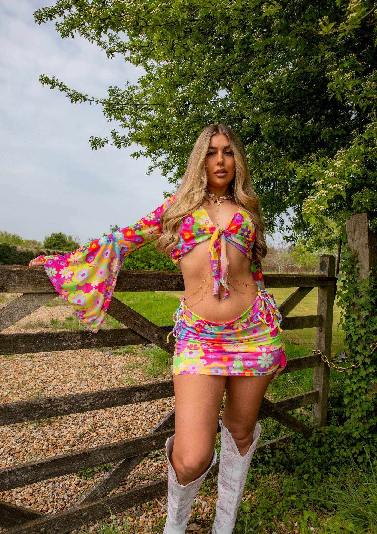 Disco Daisy Mesh Bell Sleeve Cropped Tie Top