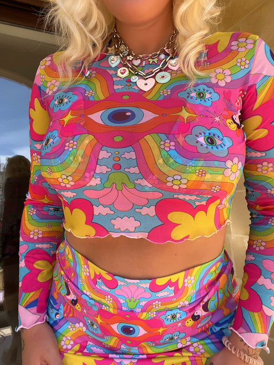 Cosmic Gaze Mesh Long Sleeve Crop Top