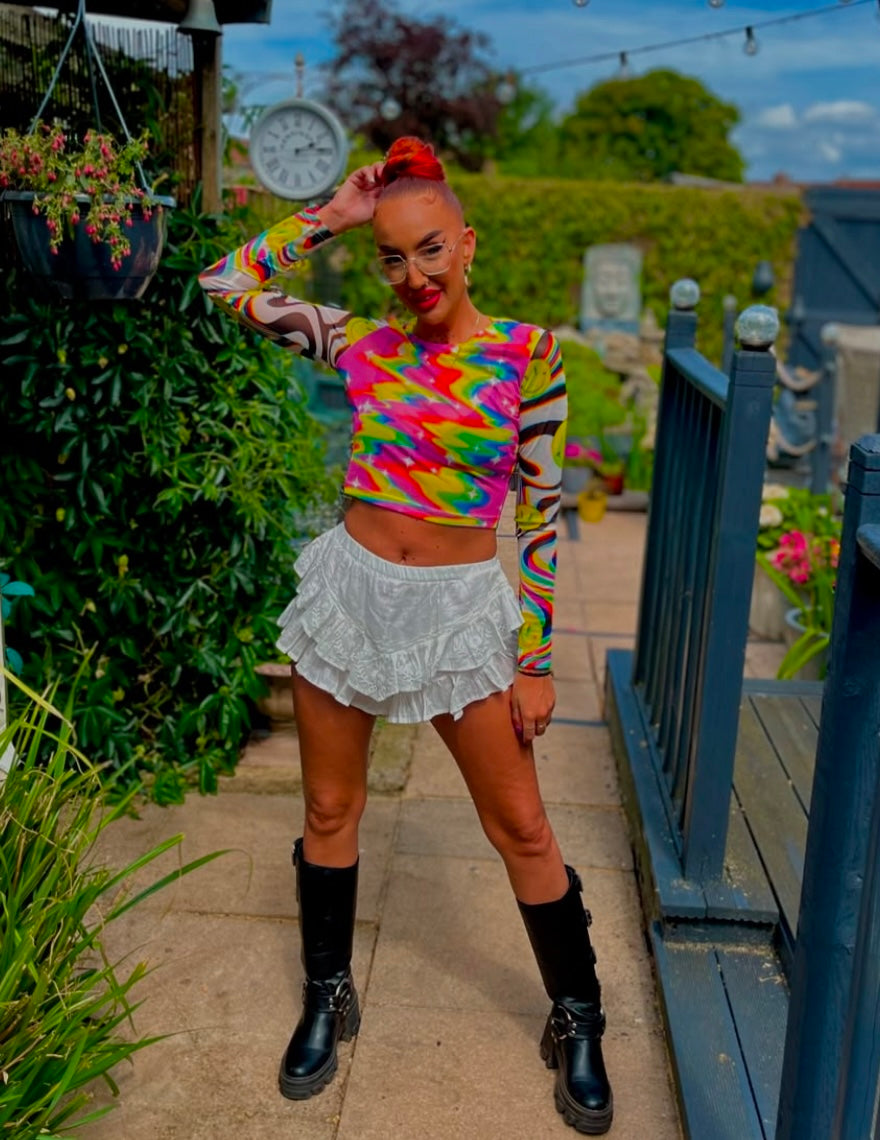 Disco Trip Mesh Long Sleeve Crop Top